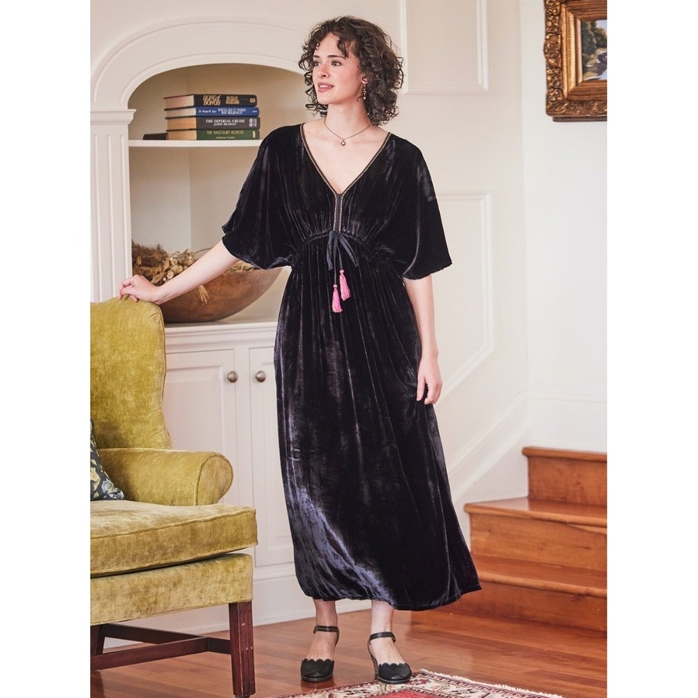 April Cornell‎ Midnight Evening Dress Black Velvet Beaded Tassel Maxi XXS NEW